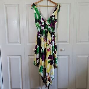 Vintage Cleo Women's Multi-colored Layered Bottom Floral Dress Size LG V-neck